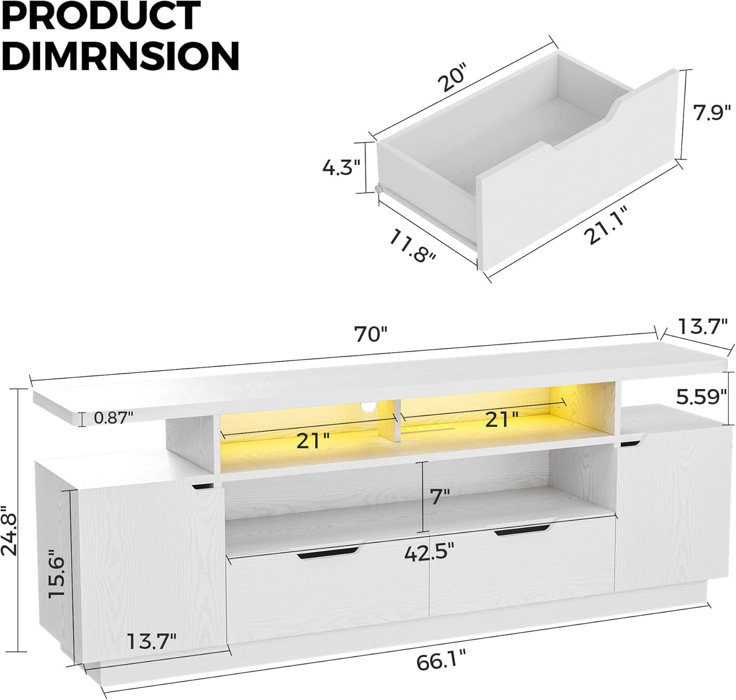 TV Stand for Tvs 85 Inch with Power Outlet and LED Lights, Entertainment Center with Storage Cabinets, Media TV Console with Drawers, Modern TV Stand for Living Room, White