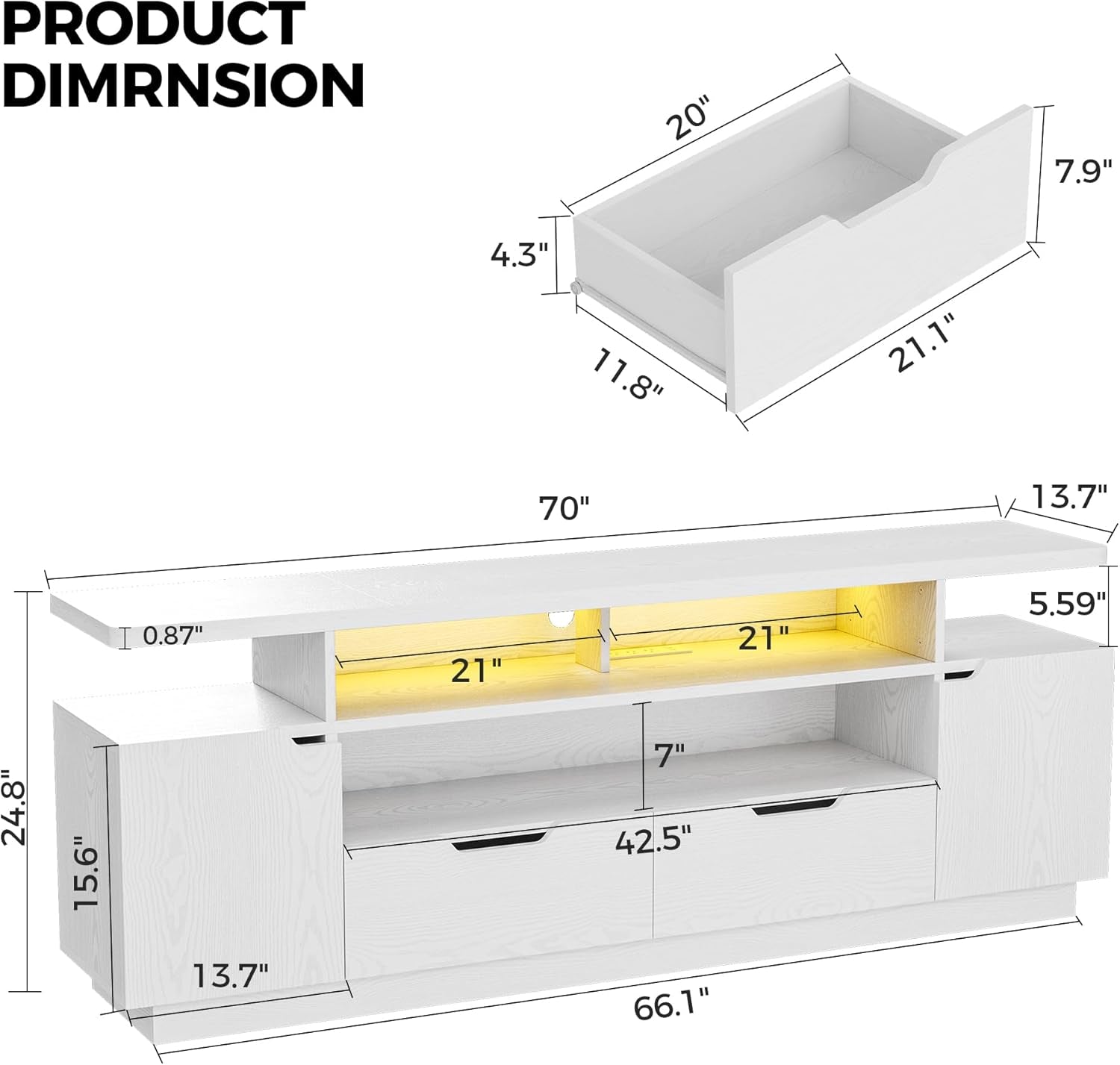 TV Stand for Tvs 85 Inch with Power Outlet and LED Lights, Entertainment Center with Storage Cabinets, Media TV Console with Drawers, Modern TV Stand for Living Room, White