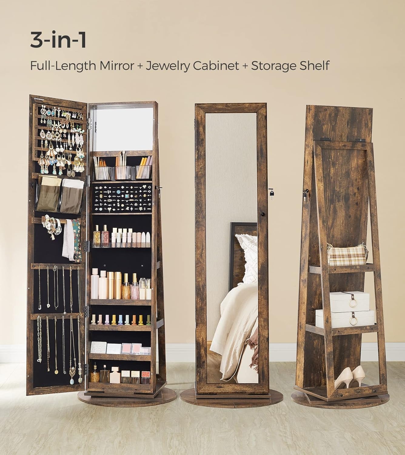 360° Swivel Jewelry Cabinet, Lockable Jewelry Organizer with Full-Length Mirror, Rear Storage Shelves, Interior Mirror, Jewelry Armoire, Gift Idea, Rustic Brown UJJC006X01