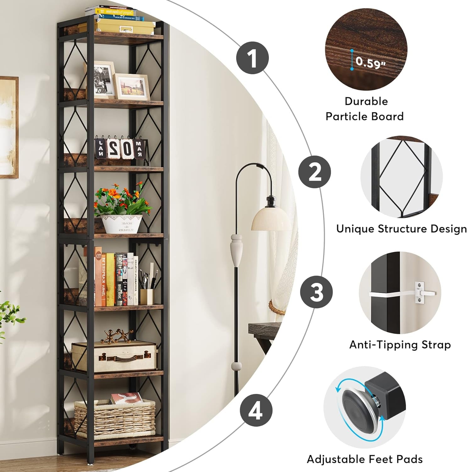 78.7 Inch Extra Tall Narrow Bookshelf, 7 Tier Skinny Bookcase for Small Spaces, Freestanding Display Shelves, Multifunctional Corner Storage Organizer for Home Office, Rustic Brown