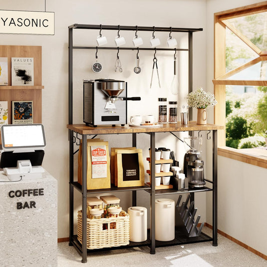 Coffee Bar, Bakers Rack with Storage, 34.3 Inches Microwave Stand, 4 Tier Kitchen Shelves Appliance Storage, 14 S Hooks Large Coffee Station for Spices, Pots and Pans, Rustic Brown