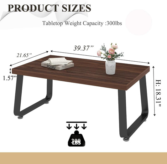 Rustic Walnut Coffee Table, 39” Mid Century Modern Center Table, Rectangle Industrial Living Room Coffee Table, Simple Farmhouse Wood and Metal Tea Coffee Tables for Home Bedroom, Walnut, 39 In