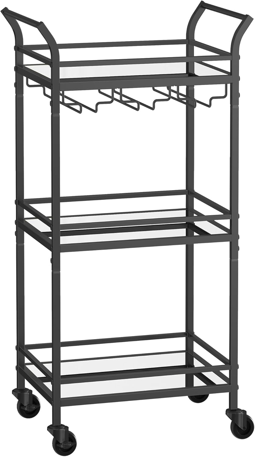 Bar Cart, Home Bar Serving Cart, Small Bar Serving Cart with 3-Tier Shelf, Wine Holders, Glass Holders, Mini Bar Cart for Small Spaces, Kitchen, Dining Room, Living Room, Ink Black