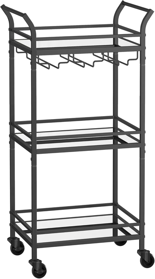 Bar Cart, Home Bar Serving Cart, Small Bar Serving Cart with 3-Tier Shelf, Wine Holders, Glass Holders, Mini Bar Cart for Small Spaces, Kitchen, Dining Room, Living Room, Ink Black