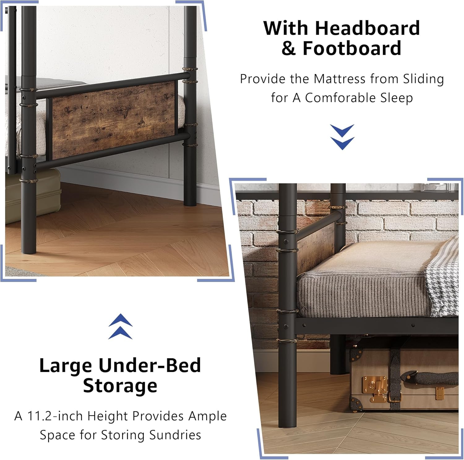 Metal Bunk Bed Twin over Twin, Industrial Bunkbeds Heavy Duty Bed with Safety Guard Rails and Space-Saving Design, Steel Bed for School, Bedroom (Vintage Brown)