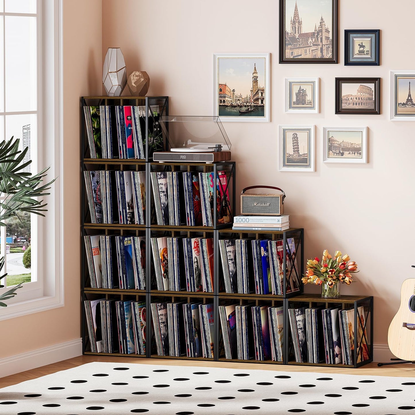 Vinyl Record Storage,Vinyl Record Holder up to 80-100 Albums,4-Compartment Record Player Stand for Magazine,Book,Cd,Files,Albums