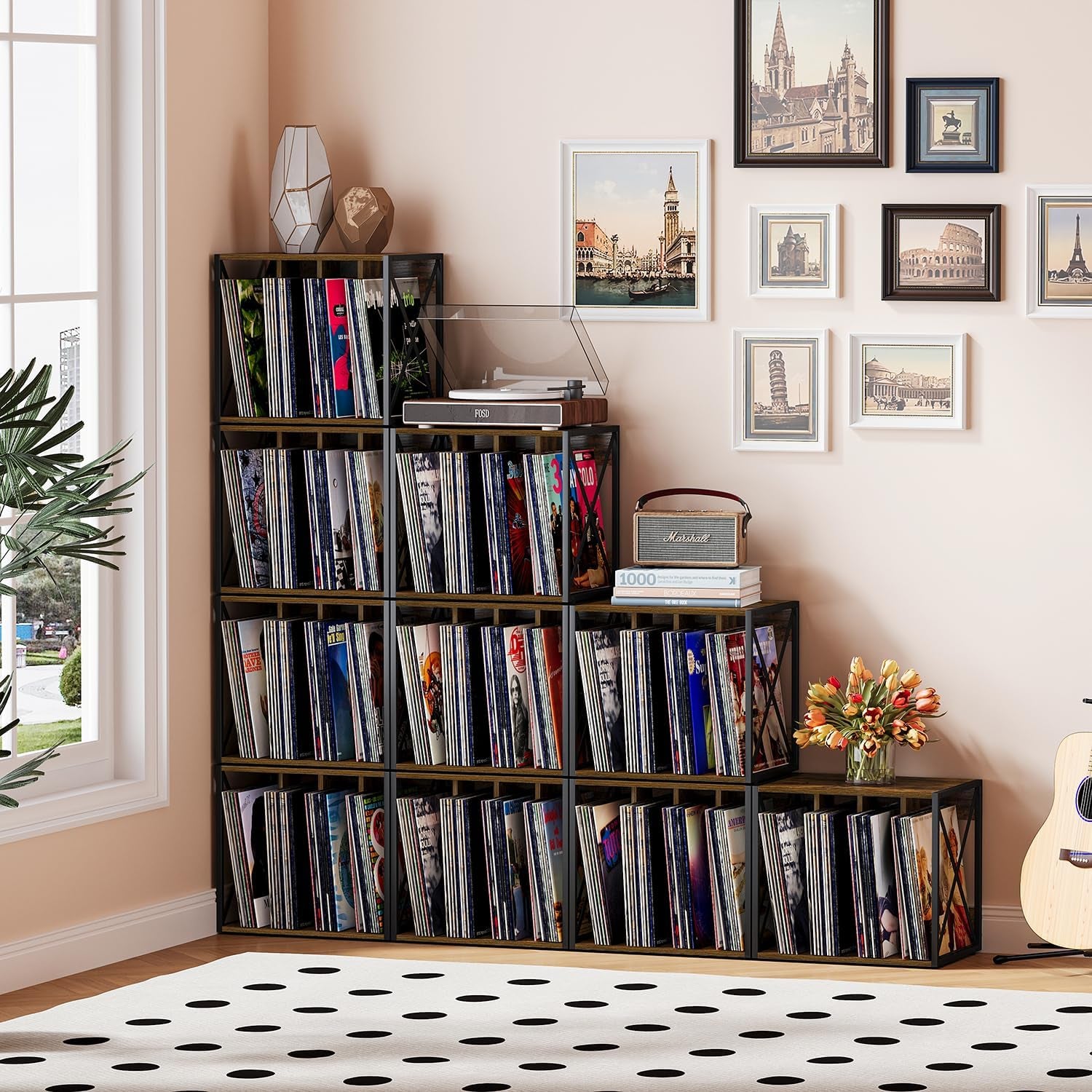 Vinyl Record Storage,Vinyl Record Holder up to 80-100 Albums,4-Compartment Record Player Stand for Magazine,Book,Cd,Files,Albums