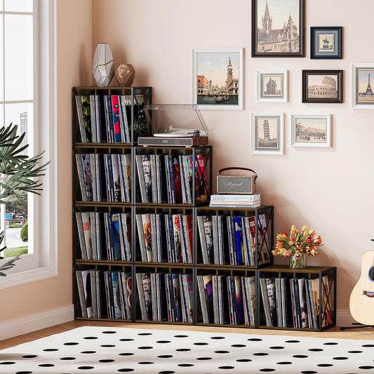 Vinyl Record Storage,Vinyl Record Holder up to 80-100 Albums,4-Compartment Record Player Stand for Magazine,Book,Cd,Files,Albums