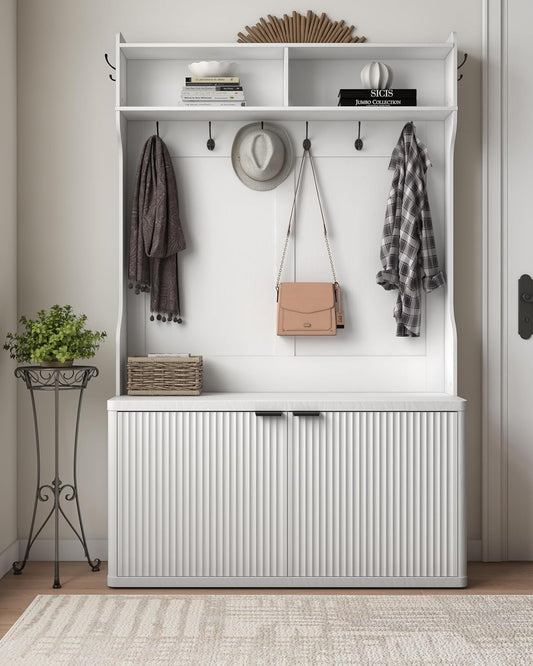 Hall Tree with Bench and Shoe Storage,42.5" W Morden Fluted Entryway Coat Rack with Shoe Bench Cabinet, Entryway Furniture, White Multi-Purpose Home Organizer,6 Coat Hooks