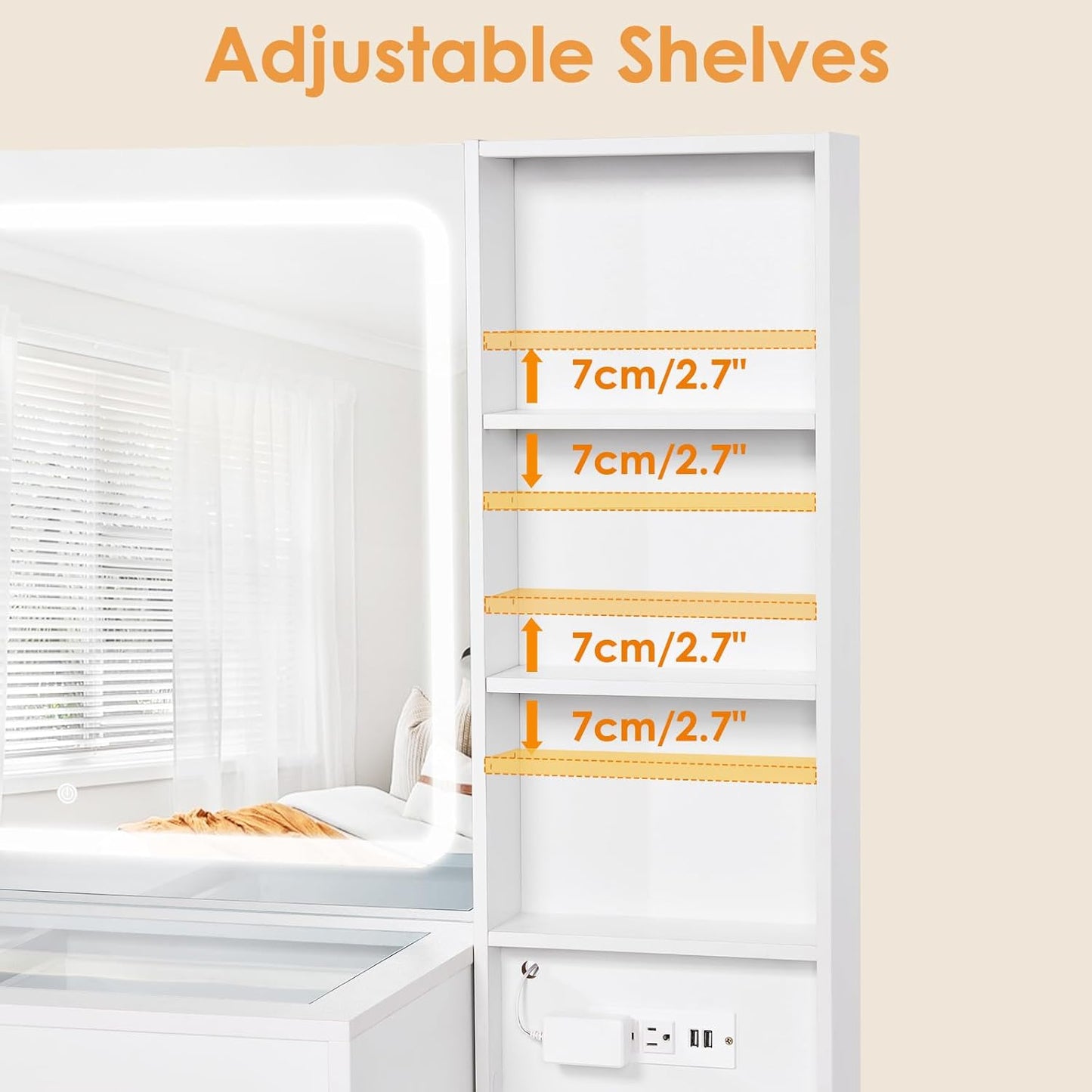 Makeup Vanity Desk with Mirror and Lights,White Vanity Table with Glass Top,Makeup Desk with Power Outlet,5 Drawers,3 Lighting Modes,Stool,Nightstand,Dressing Table for Bedroom Girls FST29W