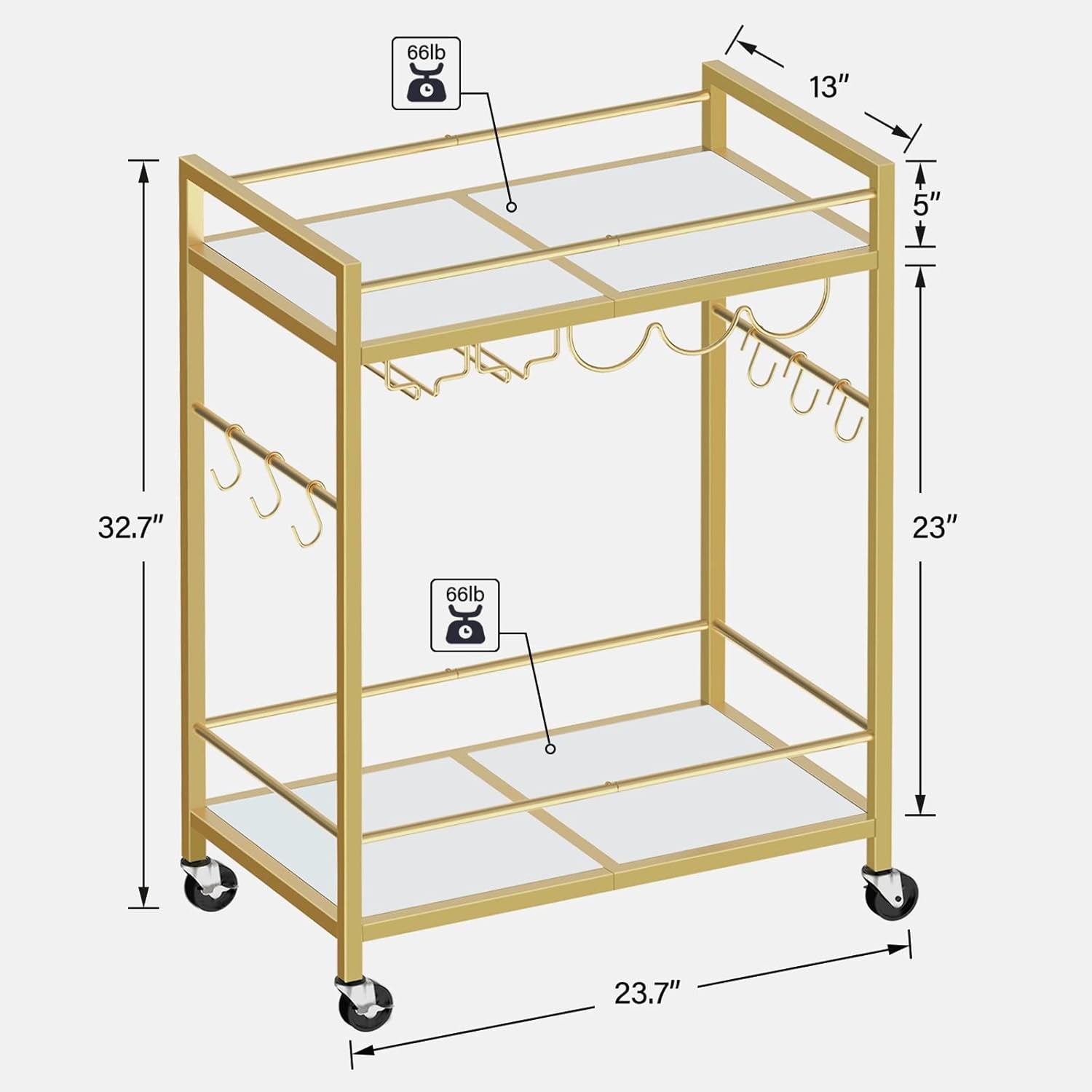 Bar Cart, Serving Cart for Home, Drink Cart, Mobile Kitchen Shelf with Wine Rack and Glass Holder, Rolling Beverage Cart, Gold BC01BB031