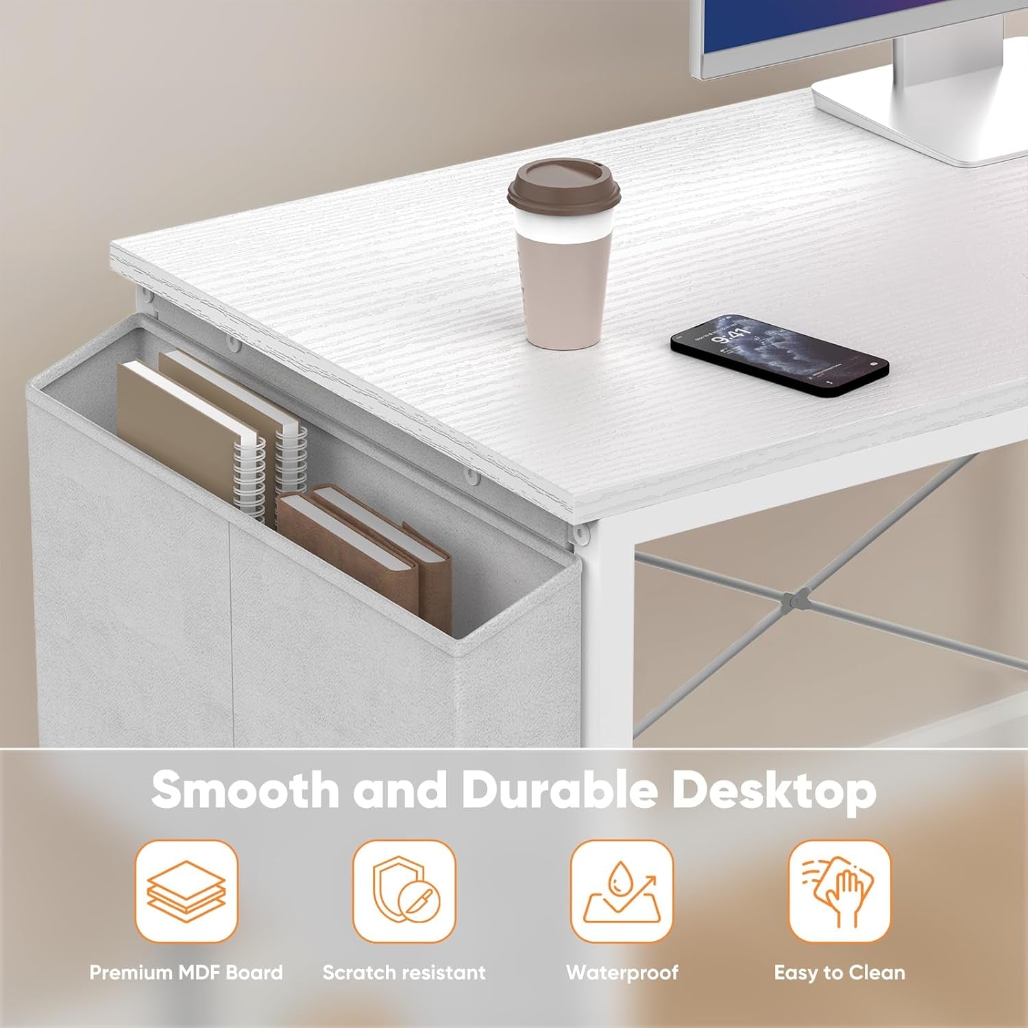 L Shaped Desk Corner Computer Table 47 Inch, L-Shaped Gaming Desks with Storage Shelf Reversible, Wood Tables with Side Bag Adjustable Feet for 2 Monitors Small Space Home Office Bedroom, White