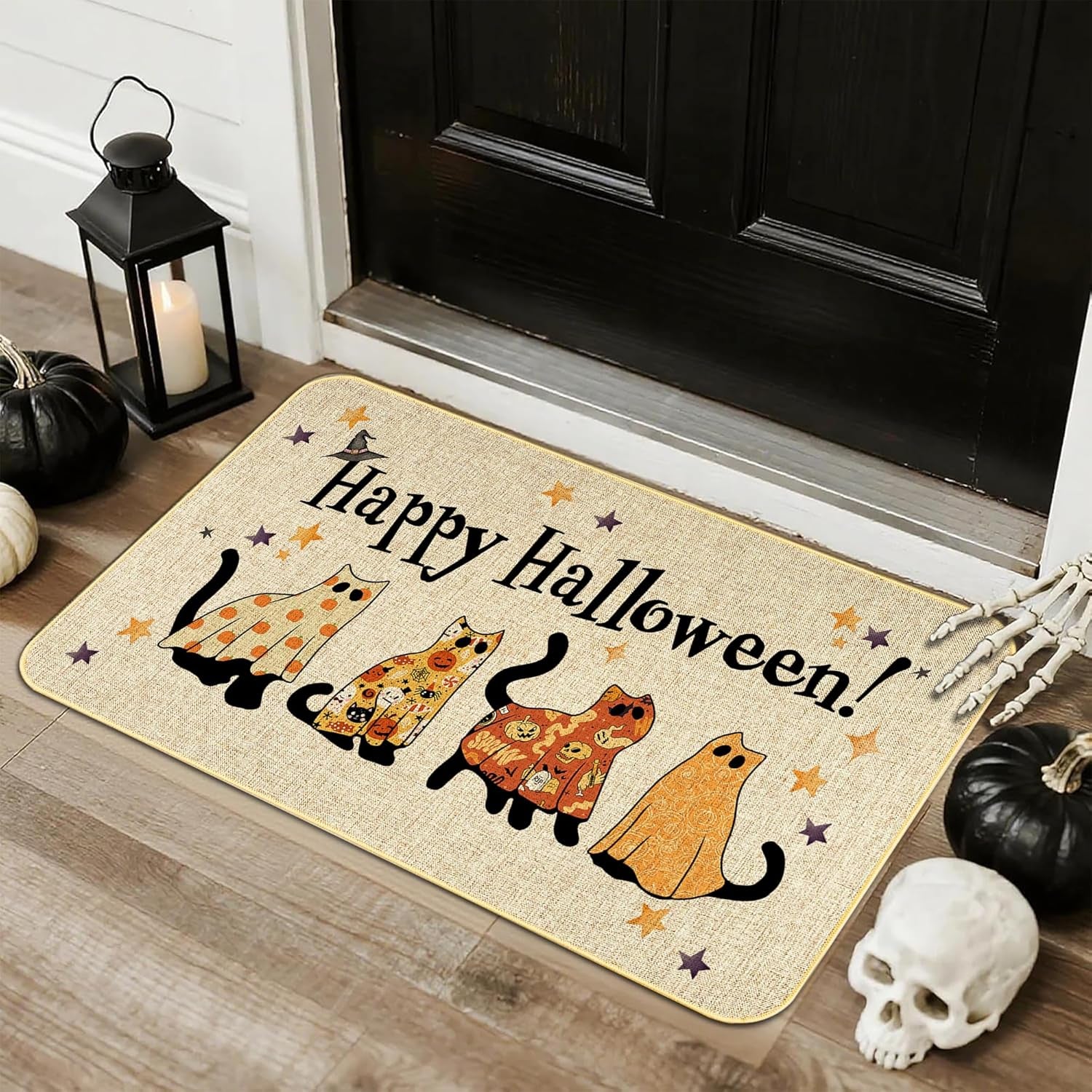 Happy Halloween Doormat Cat Welcome Door Mat Indoor Outdoor Entrance Mat Bathroom Non-Slip Rubber Backed Greeting Halloween Party Decoration 17 X 29 Inches