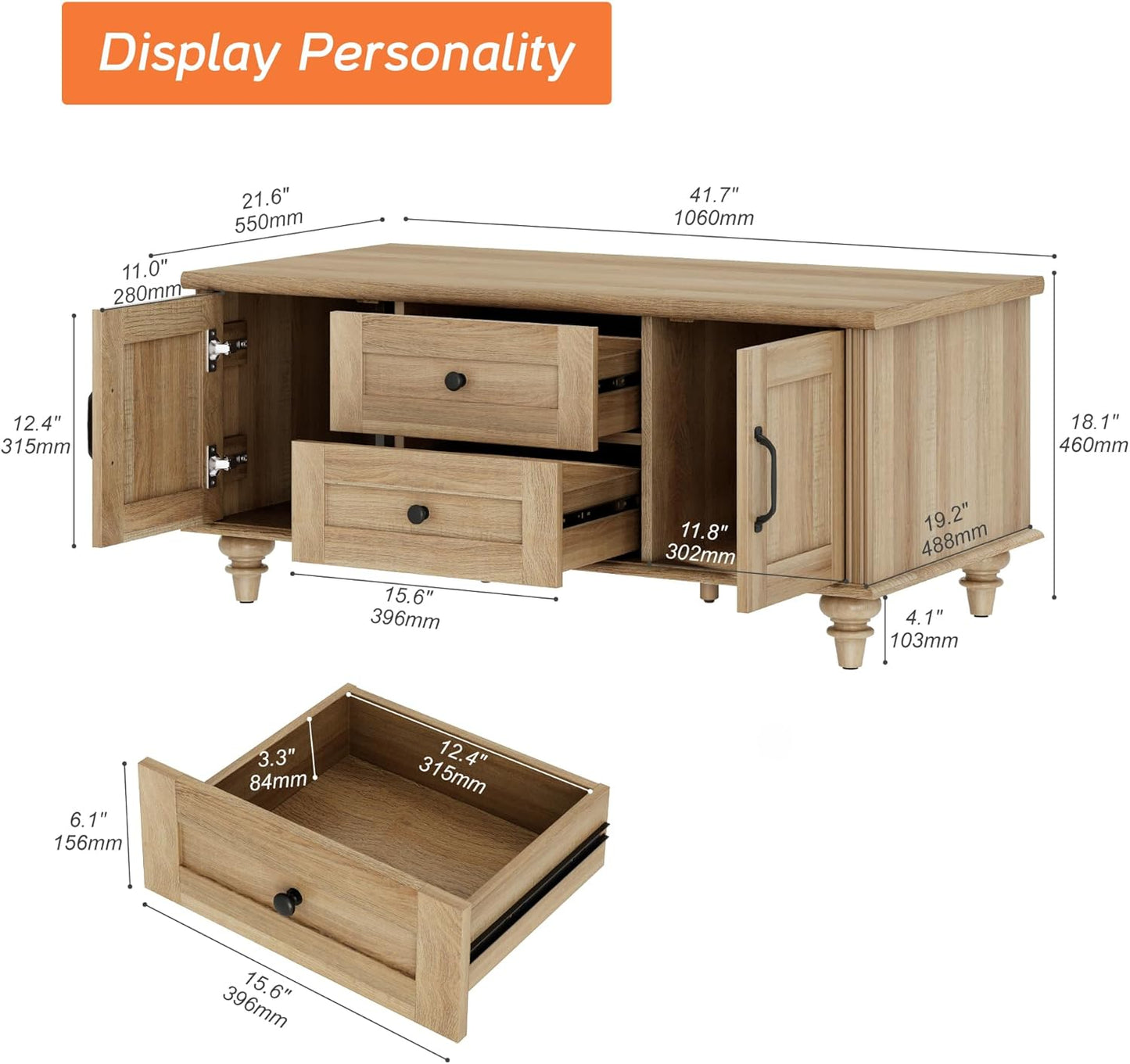 Farmhouse Coffee Table with Storage Cabinet, Wooden Coffee Tables for Living Room, Rustic Tea Table Rectangle Center Table with Drawers for Home, Oak