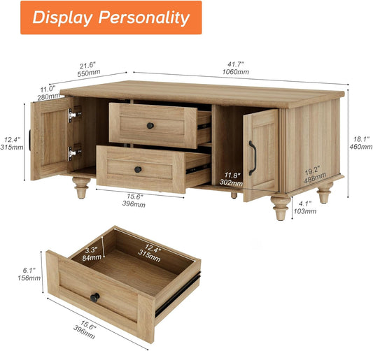 Farmhouse Coffee Table with Storage Cabinet, Wooden Coffee Tables for Living Room, Rustic Tea Table Rectangle Center Table with Drawers for Home, Oak
