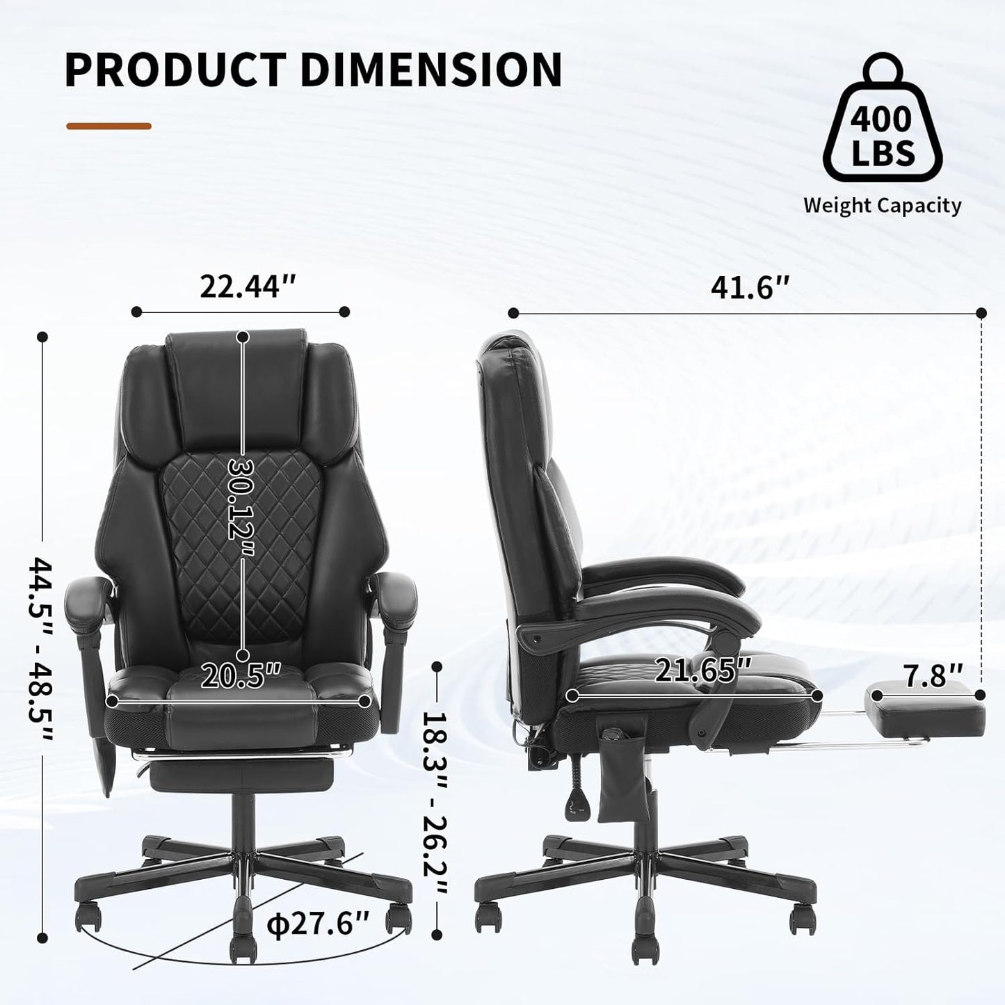 Massage Office Chair with Heat 6 Vibration Points,Big and Tall Office Chair 400 Lbs,Leather High Back Executive Office Desk Chair with Footrest,Comfortable Ergonomic Reclining Managerial Chair, Black