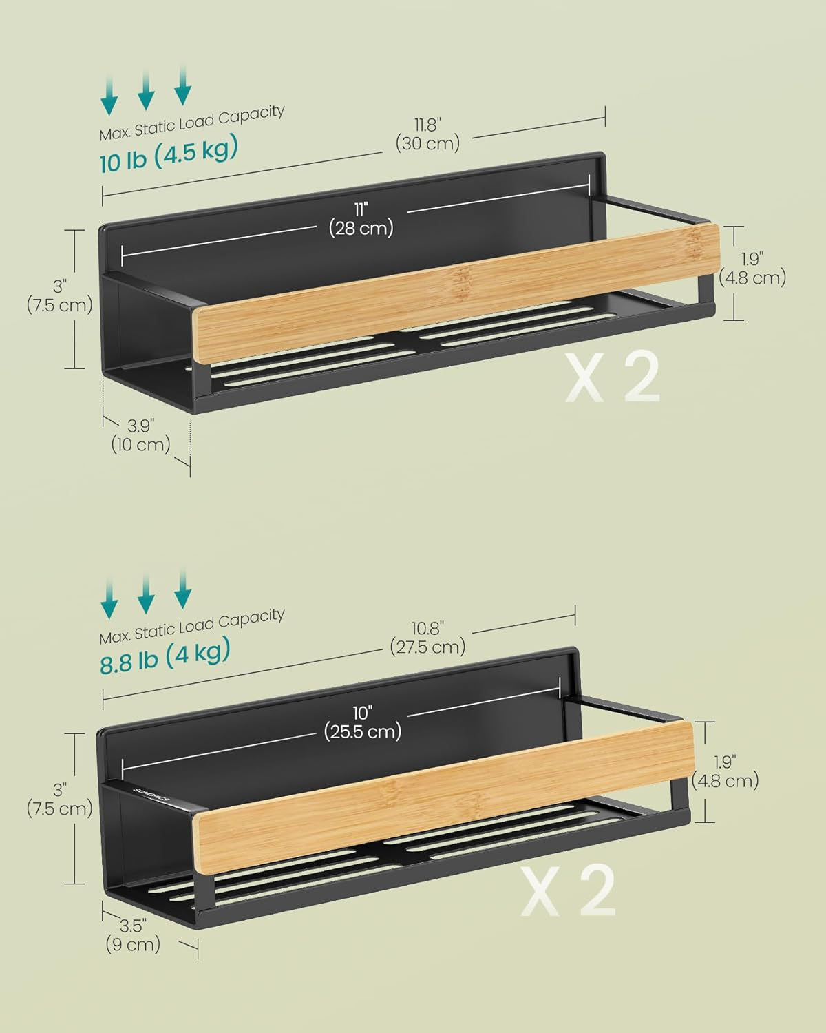 Magnetic Spice Rack for Refrigerator, 4 Pack, 2 Large and 2 Small Kitchen Magnetic Shelves for Washing Machine, Spice Organizers, No Drilling Needed, Ink Black and Light Bamboo UKCS062BH01