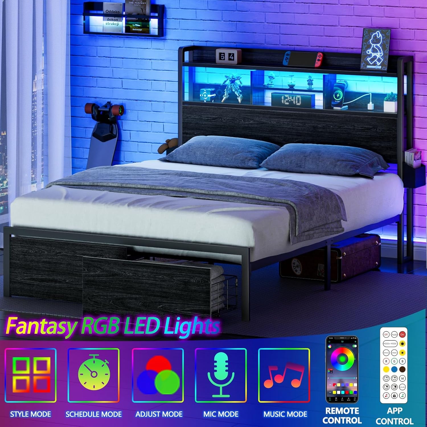 Full Size Bed Frame with Wood Headboard, Metal Platform Bed Frame Full Size with 2 Storage Drawers and Shelf, LED Lights and Charging Station, No Box Spring Needed, Noise Free, Black