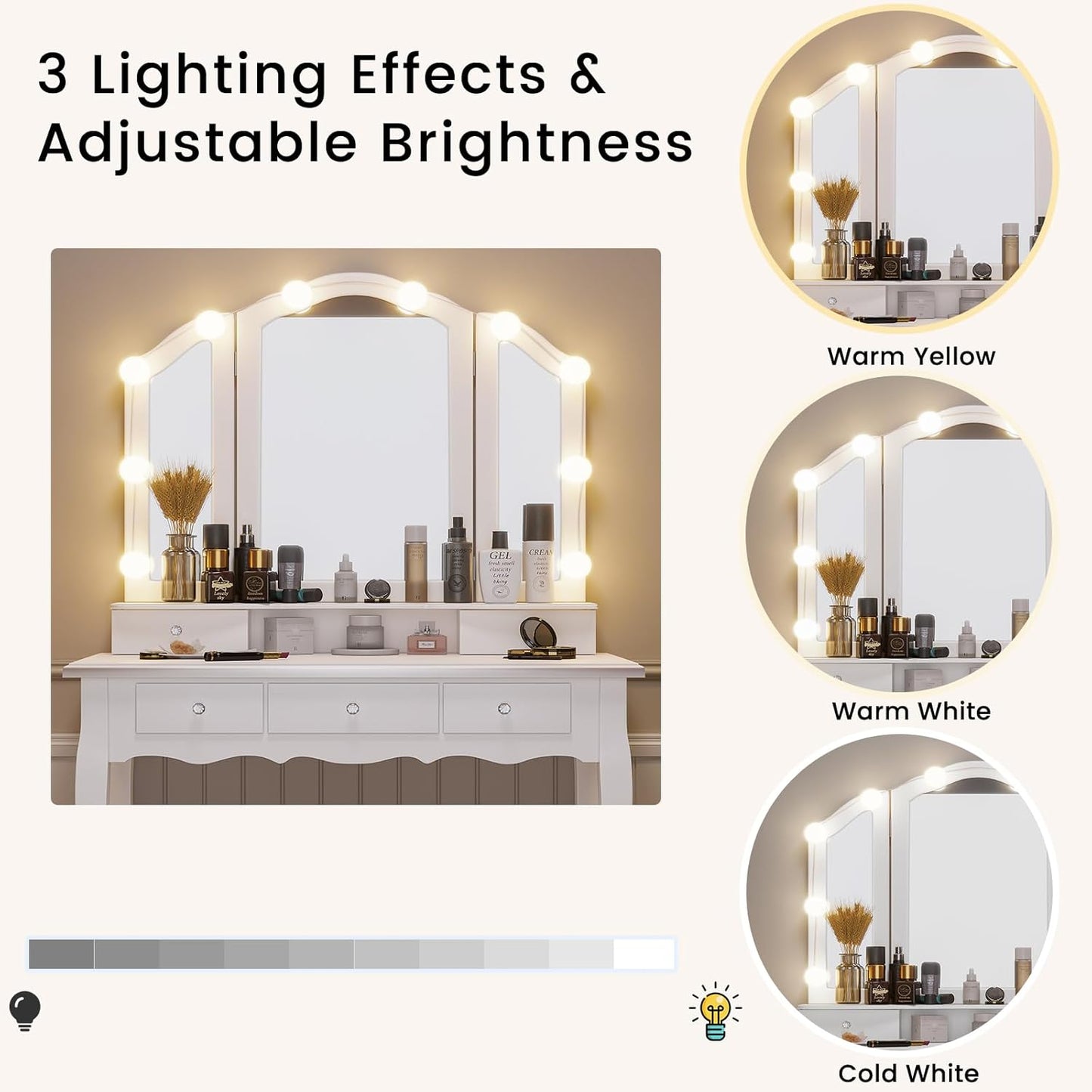 Makeup Vanity with Lights, Vanity Desk with Lighted Mirror and Stool, Vanity Table Set with 5 Drawers, 3 Light Settings, Adjustable Brightness, White