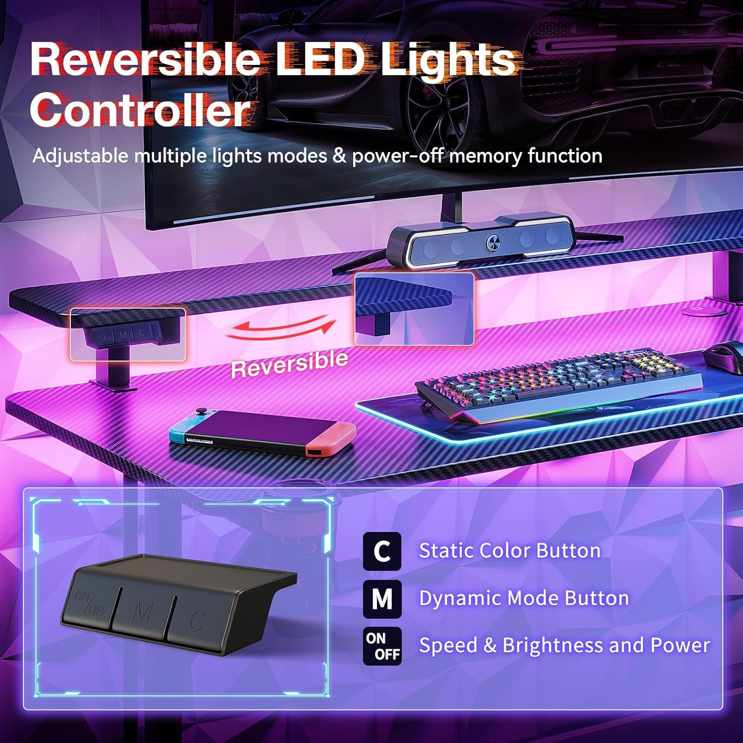 32 Inch Small Gaming Desk with LED Lights, Computer Desk Gaming Table with Monitor Shelf, Gamer Desk with Carbon Fiber Texture, Kids Boys Desk Gift for Men