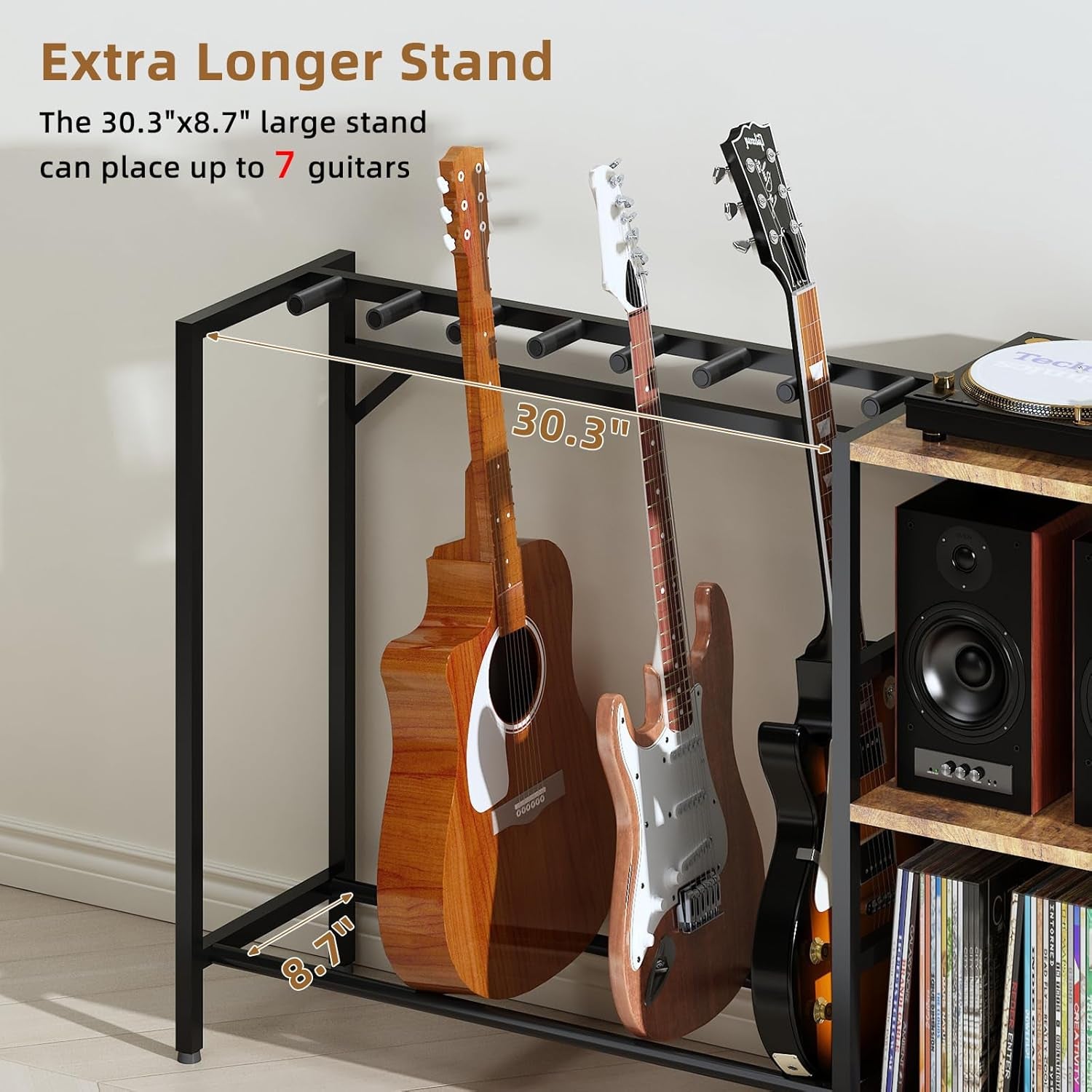 Record Player Stand with Guitar Stand, Record Player Table with Guitar Rack, Guitar Holder 7 Space for Multiple Guitars, Bass, Acoustic, Guitar Display for Home Music Studio, Brown
