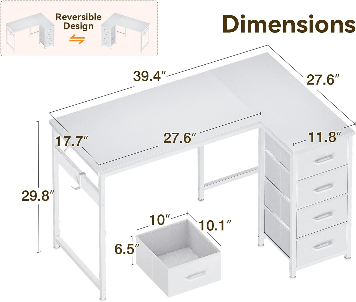 L Shaped Desk with 4 Drawers, 40" Small White Computer Desk with Storage, Reversible Kids Study Desk with Hook, Corner Desk for Home Office