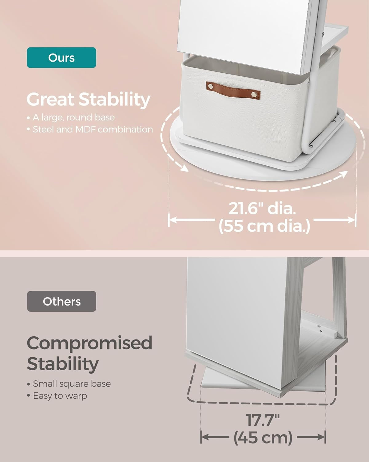 360° Swivel Mirrored Jewelry Cabinet with Lights, Full-Length Mirror with Jewelry Storage, Standing Jewelry Armoire Organizer, with Large Storage Basket, Makeup Shelf, Cloud White UJJC018W01