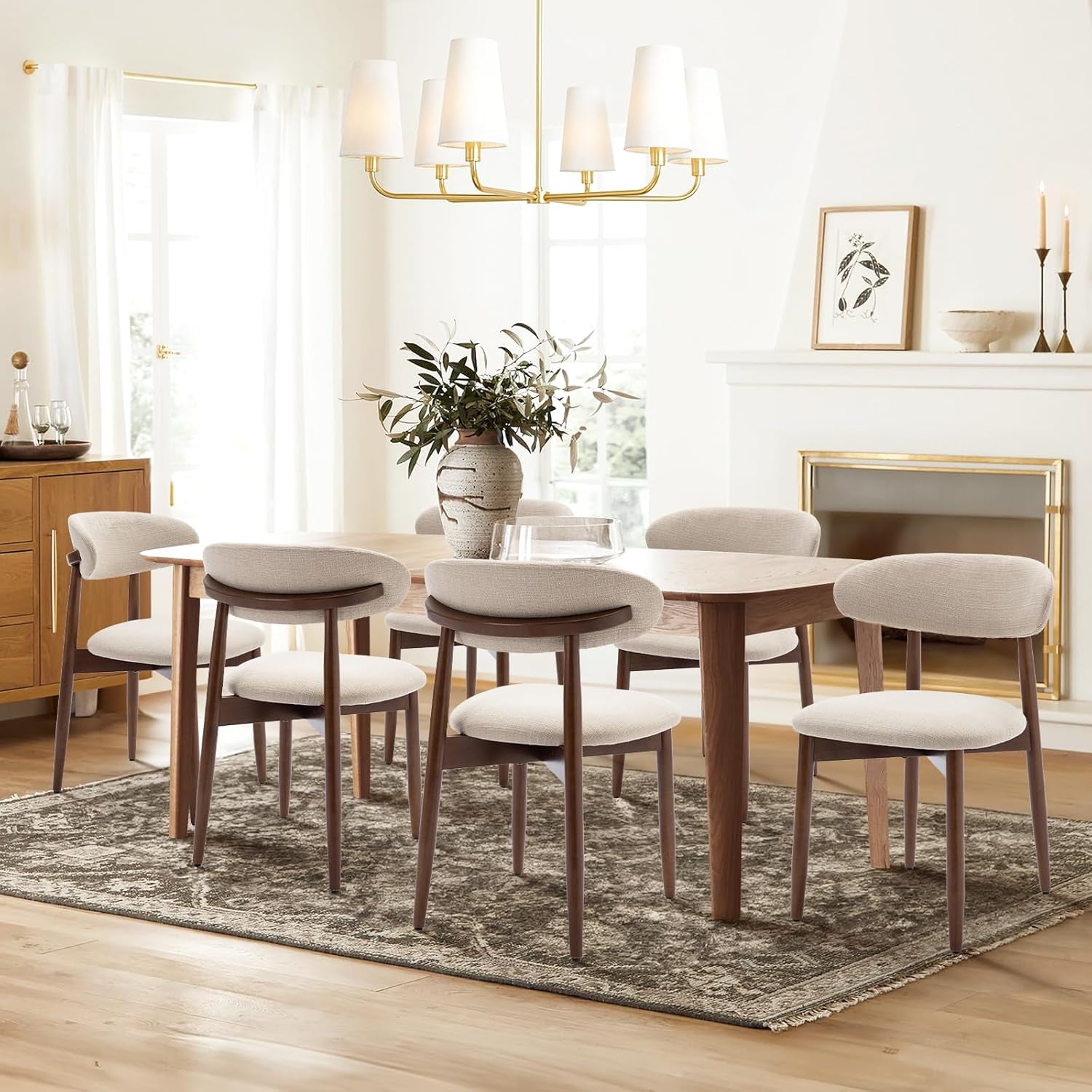 Wooden Dining Chairs Set of 4, Modern Fabric Upholstered Kitchen Side Chairs, Farmhouse Dining Room Chair with Foot Pegs, Beige