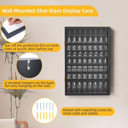 Shot Glass Display Case 72 Large Capacity Wooden Shot Glass Holder Wall Mounted Shadow Box Bar Cabinet with Acrylic Lockable Door and Removeable Shlves, 26.85"X17.5" X 3.35", Black