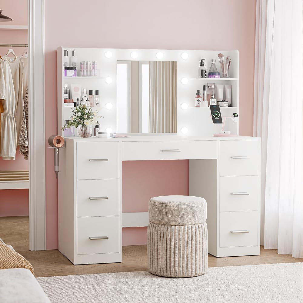 Vanity Desk with Mirror, Power Outlet and 10 Lights, Makeup Table with 7 Drawers, 3 Color Modes Available for Bedroom, Light White