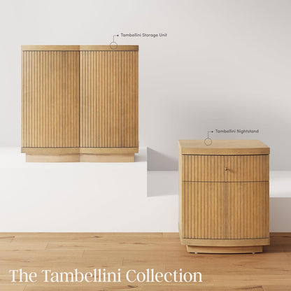 Tambellini Mid Century Modern Nightstand, Bedside Table with Drawer and Cabinet Storage, Solid Wood Legs and Fluted Door Fronts, Light Brown