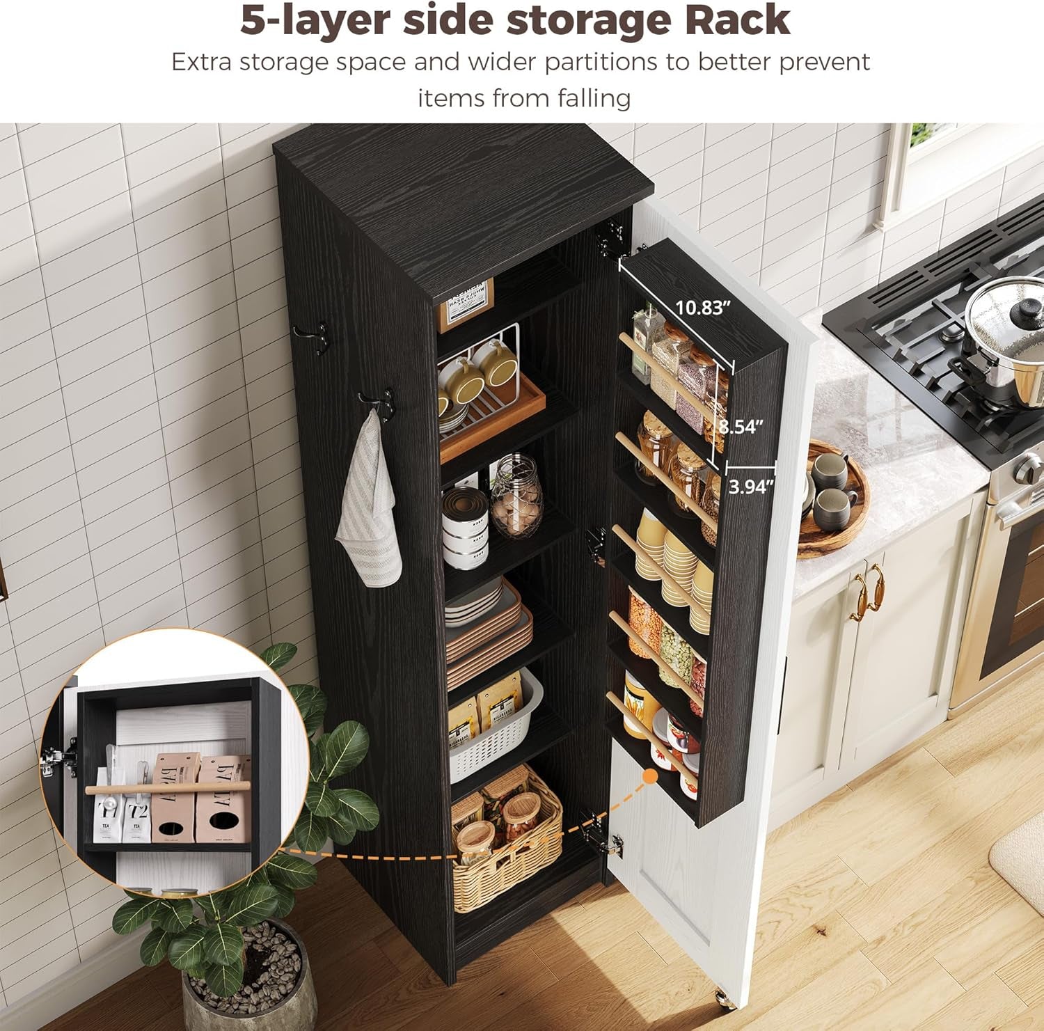 Small Kitchen Pantry Cabinet 72" for Narrow Space, with Single Door and Adjustable Shelves, Freestanding Tall Storage Cabinet for Living Room, Bathroom, Black and White