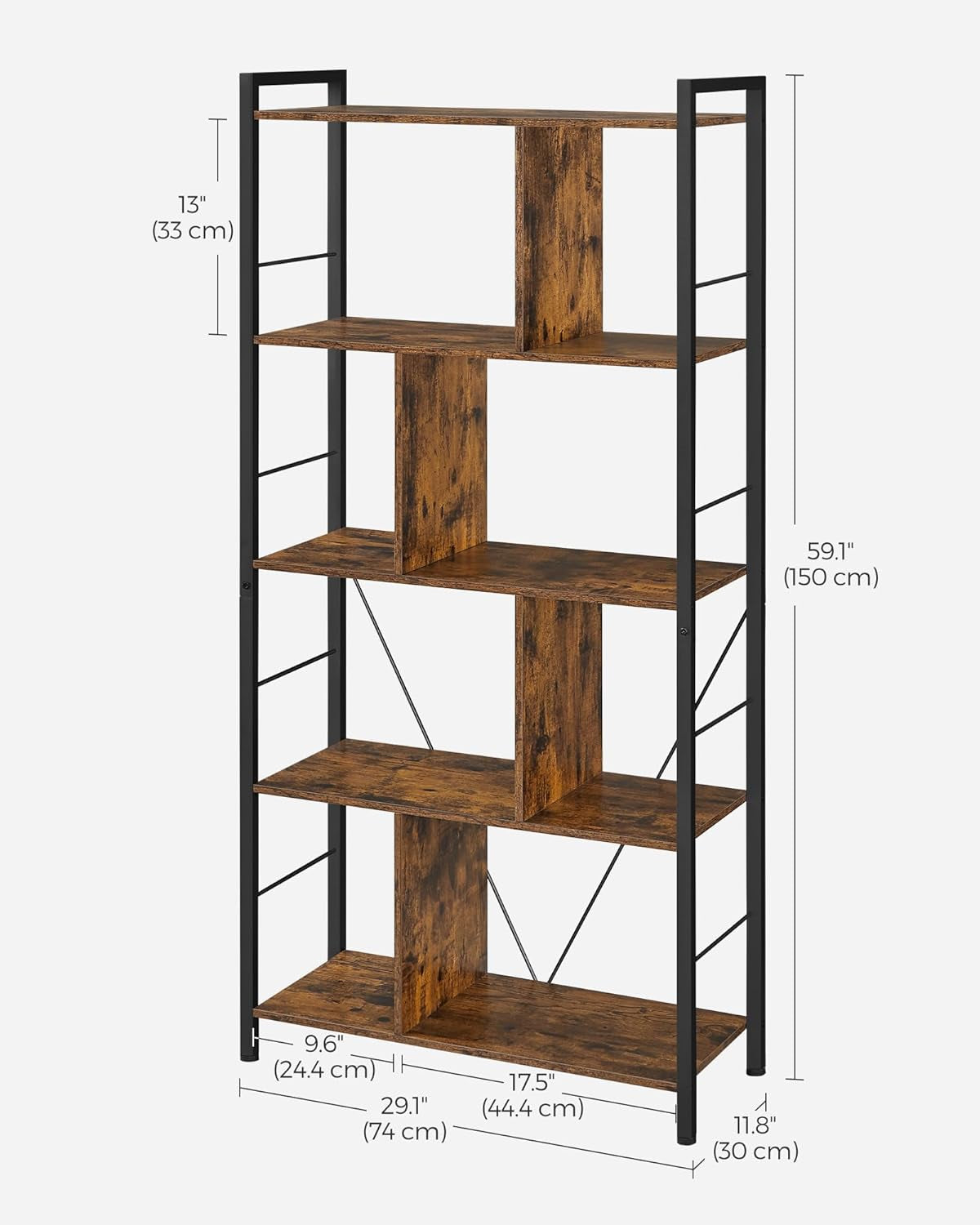 Bookshelf, 5-Tier Bookcase, Storage Shelving Unit, Display Shelf with Open Compartments for Living Room, Home Office, Bedroom, Industrial, Rustic Brown and Black ULBC121B01