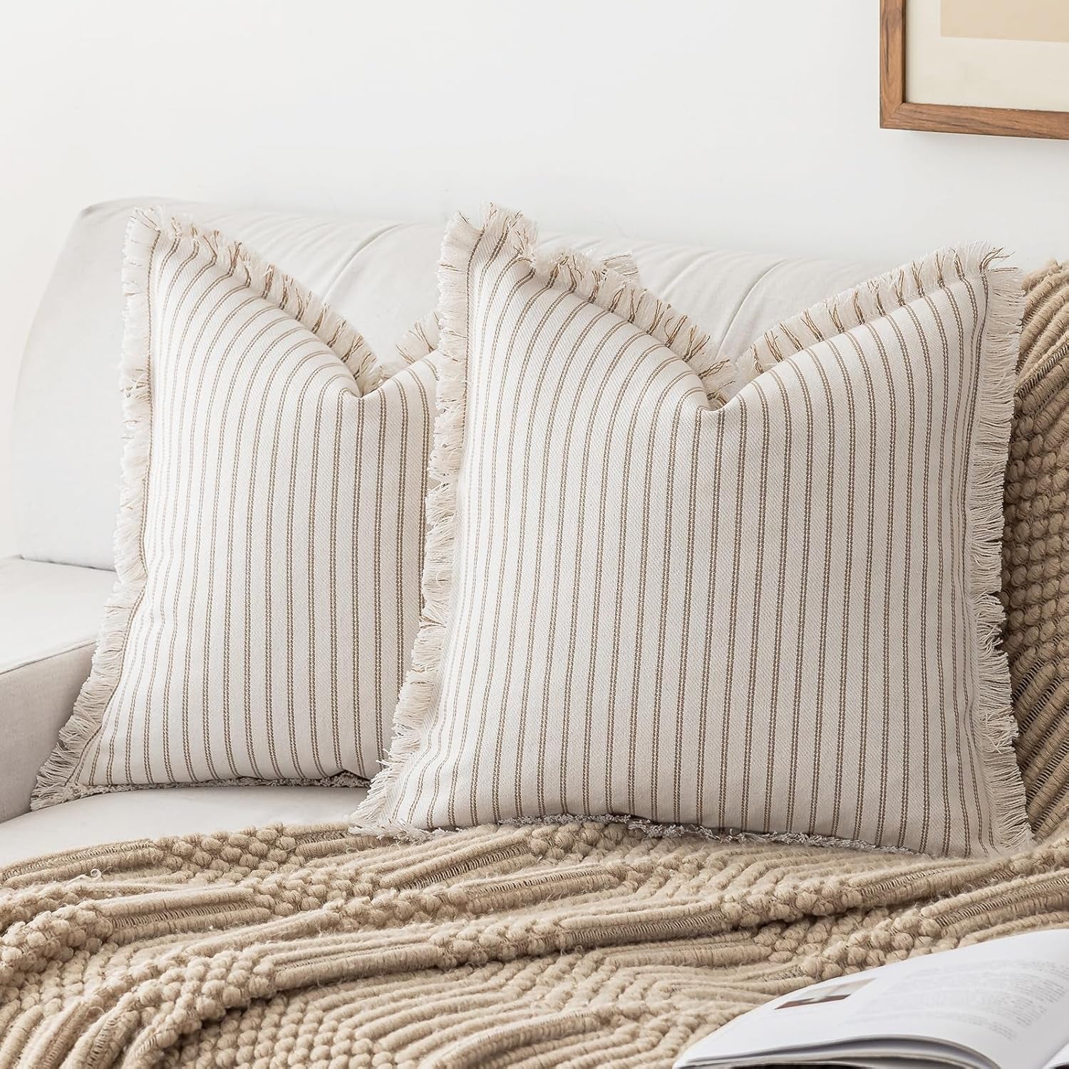 Throw Pillow Covers 20X20 Set of 2 Striped Fringe Pillow Cover Farmhouse Cushion Covers with Tassel Neutral Boho Pillows Decorative Square Pillowcase for Couch Sofa Bed, Khaki