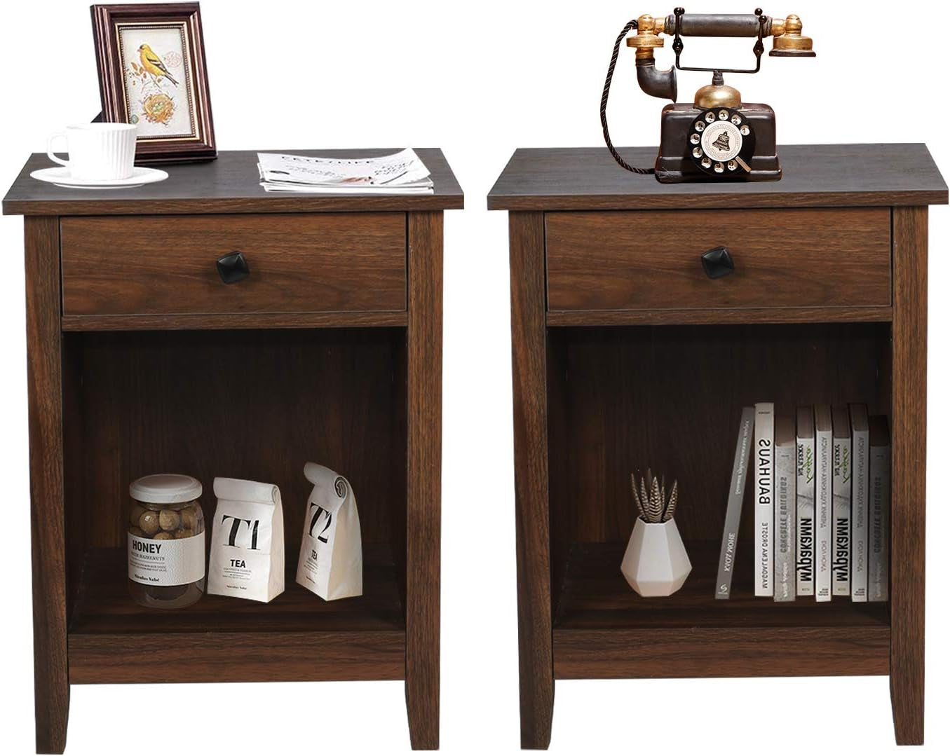 Bedroom Nightstands - Set of 2 Wooden Night Stands with Drawer for Home Bedside End Table Large Storage Furniture, Brown Wood Grain 18.11 in X 15.75 in X 23.62 In