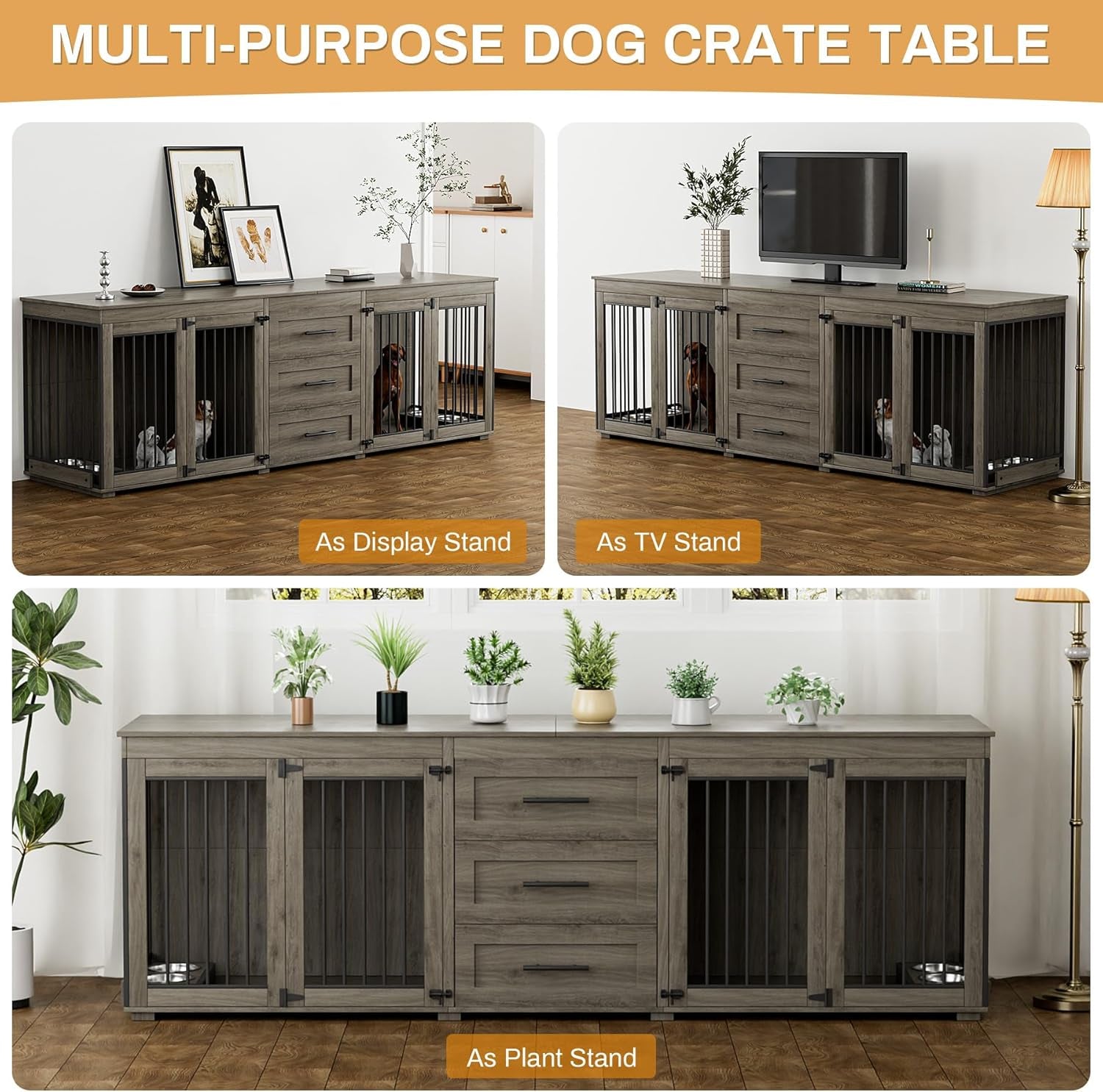 94.5" Large Dog Crate Furniture for 2 Dogs, Double Wooden Dog Kennel Furniture with 4 Dog Bowls & 3 Drawers, Heavy Duty Indoor Furniture Style Dog Cage TV Stand/Table/House, Grey