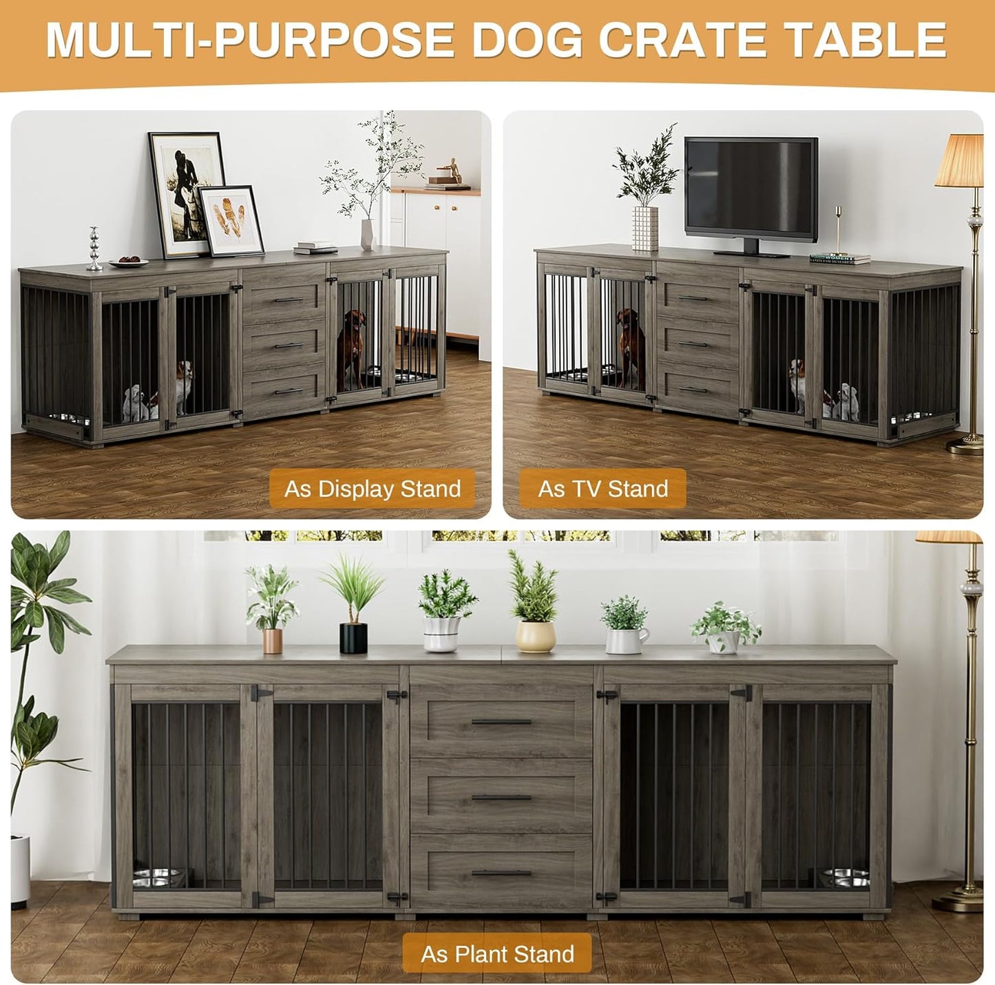 94.5" Large Dog Crate Furniture for 2 Dogs, Double Wooden Dog Kennel Furniture with 4 Dog Bowls & 3 Drawers, Heavy Duty Indoor Furniture Style Dog Cage TV Stand/Table/House, White Brown