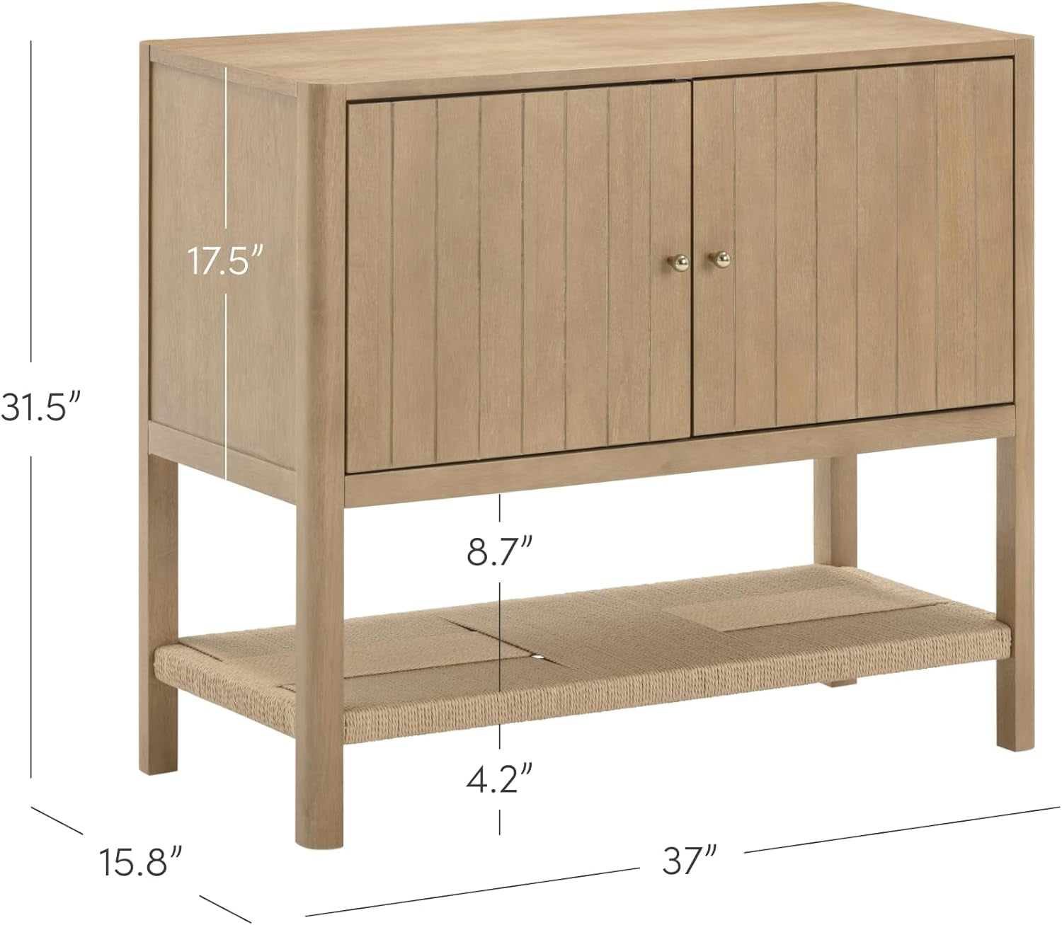 Meads Mid Century Modern Cabinet with Doors, Solid Wood Kitchen Cabinet with Adjustable Interior Shelf and Seagrass Bottom Storage, Light Brown
