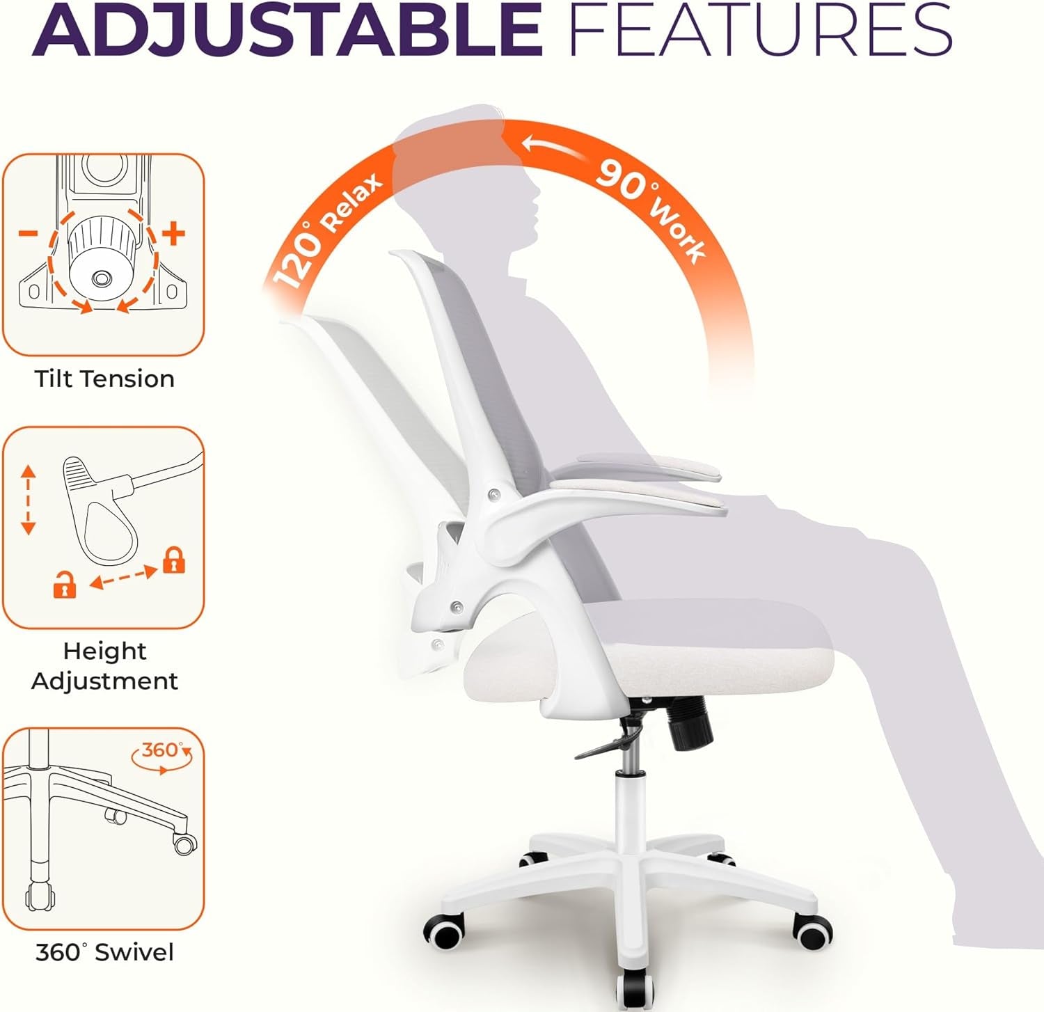 Office Desk Gaming Ergonomic Computer Chair with Lumbar Back Support Adjustable Height Swivel Rolling Wheels Flip-Up Arms Mesh Chair for Home Vanity (Ivory)