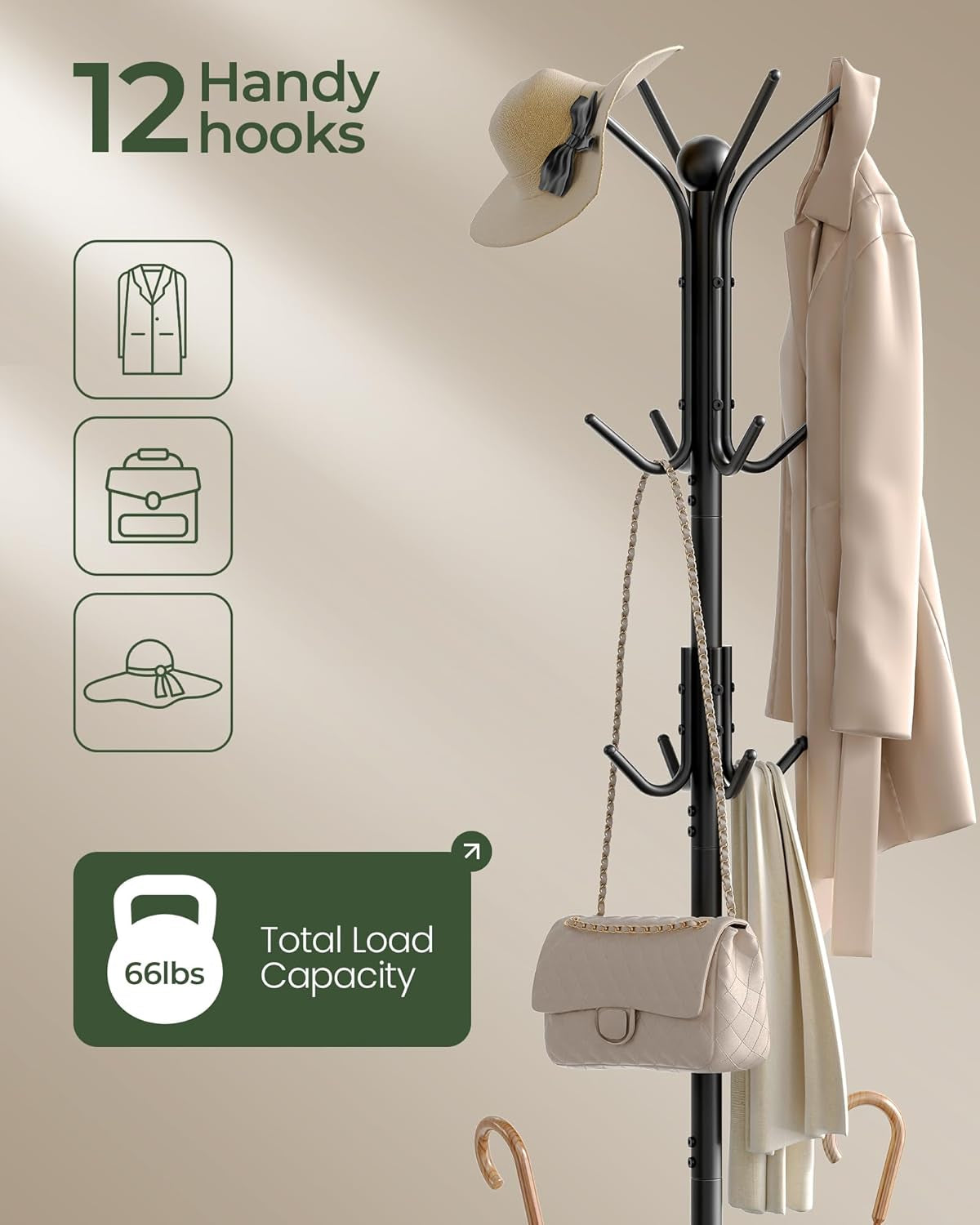 Coat Rack Freestanding, Coat Rack with Umbrella Holder, Entryway Hanger Stand With12 Hooks, Metal Hall Tree for Bags, Coats, Hats, Entryway, Hallway, Living Room, Bedroom, Office Black TYM01BB