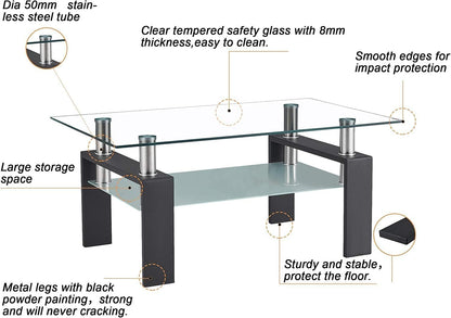 Living Room Tables Set,3 Piece Glass Coffee Table and End Tables Set for Living Room, Coffee Table Set with Tempered Glass Tabletop and Metal Frame for Apartment, Small Space, Black