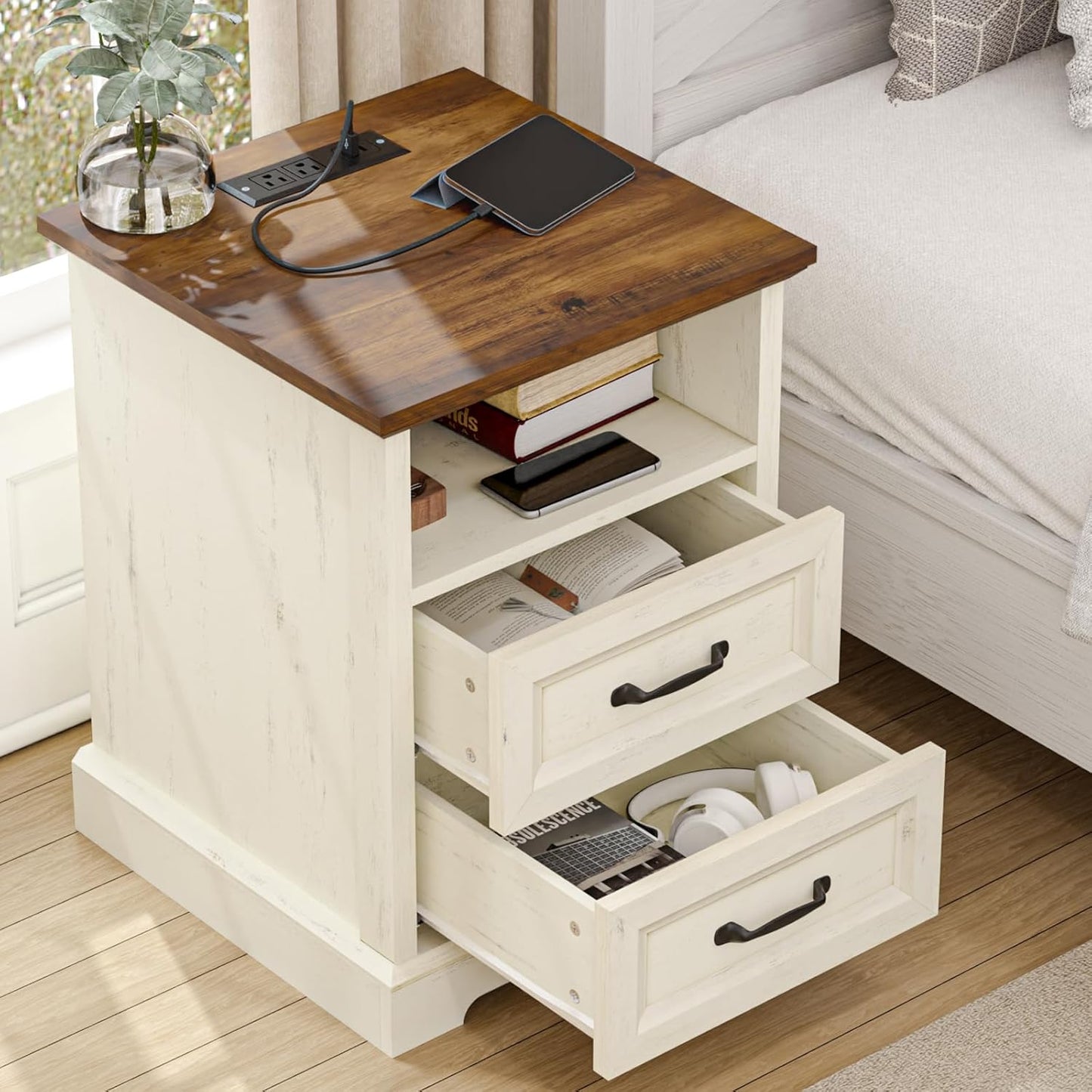 18'' Farmhouse Nightstand with Charging Station, Bedside Tables with Storage, Bed Side End Table with Open Shelf, 2 Drawers Wood Night Stand Dresser for Bedroom, Living Room, Rustic White