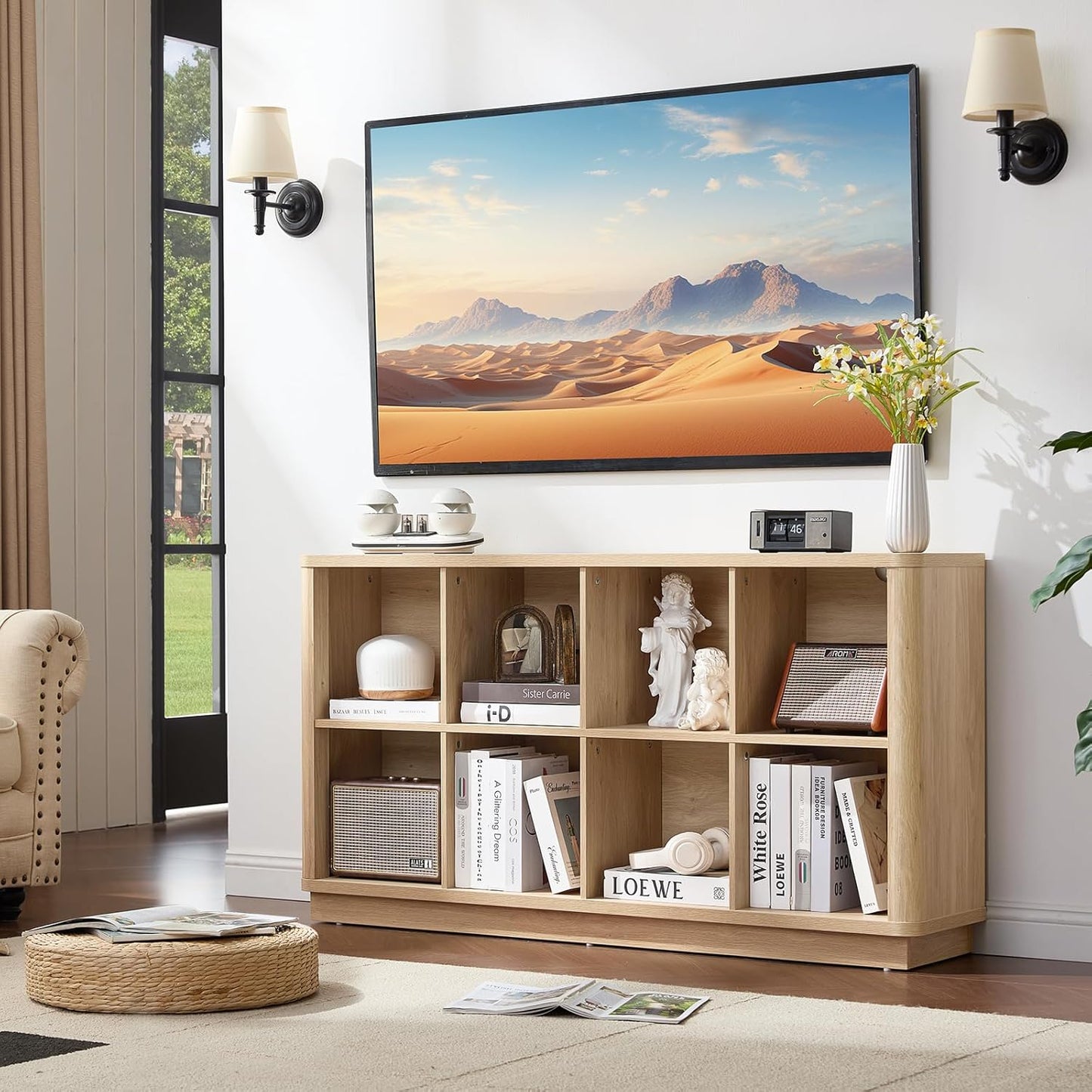 8 Cube Storage Book Shelf, 52" Long Horizontal Bookshelf with Curved Edge, Floor Standing Wooden Cubby Bookcase with Base, Modern Low Console Book Case, TV Stand for Living Room, Natural Oak
