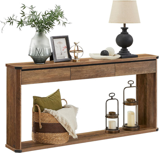 Console Table, 63 Inches Sofa Table, Narrow Entryway Table, Entry Table with 3 Drawers, Bottom Shelf, Metal Corners, for Living Room, Bedroom, Farmhouse Style, Honey Brown ULNT146K41