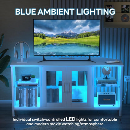TV Stand with Glass Storage Cabinets and Power Outlet, White TV Stand for 32/45/55 Inch Tvs, Entertainment Center with LED Light for Living Room, 46Inch Small Tv Stand for Bedroom