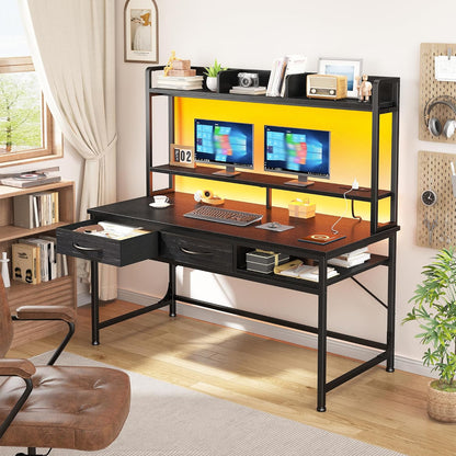 39.4" Computer Desk with Hutch & Monitor Stand,Gaming Desk with LED &Power Outlet,Writing Desk with 2Drawers &1Open Storage,Office Desk,Study Desk for Bedroom Home Office,Small Space,Black