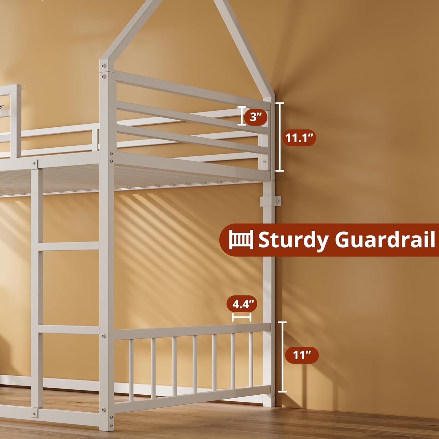 Bunk Bed Twin over Twin, House Bunk Bed Frame with Ladder and Guardrail, House Shaped with Metal Slats for Dormitory and Bedroom, Space Saving, No Box Spring Needed, White