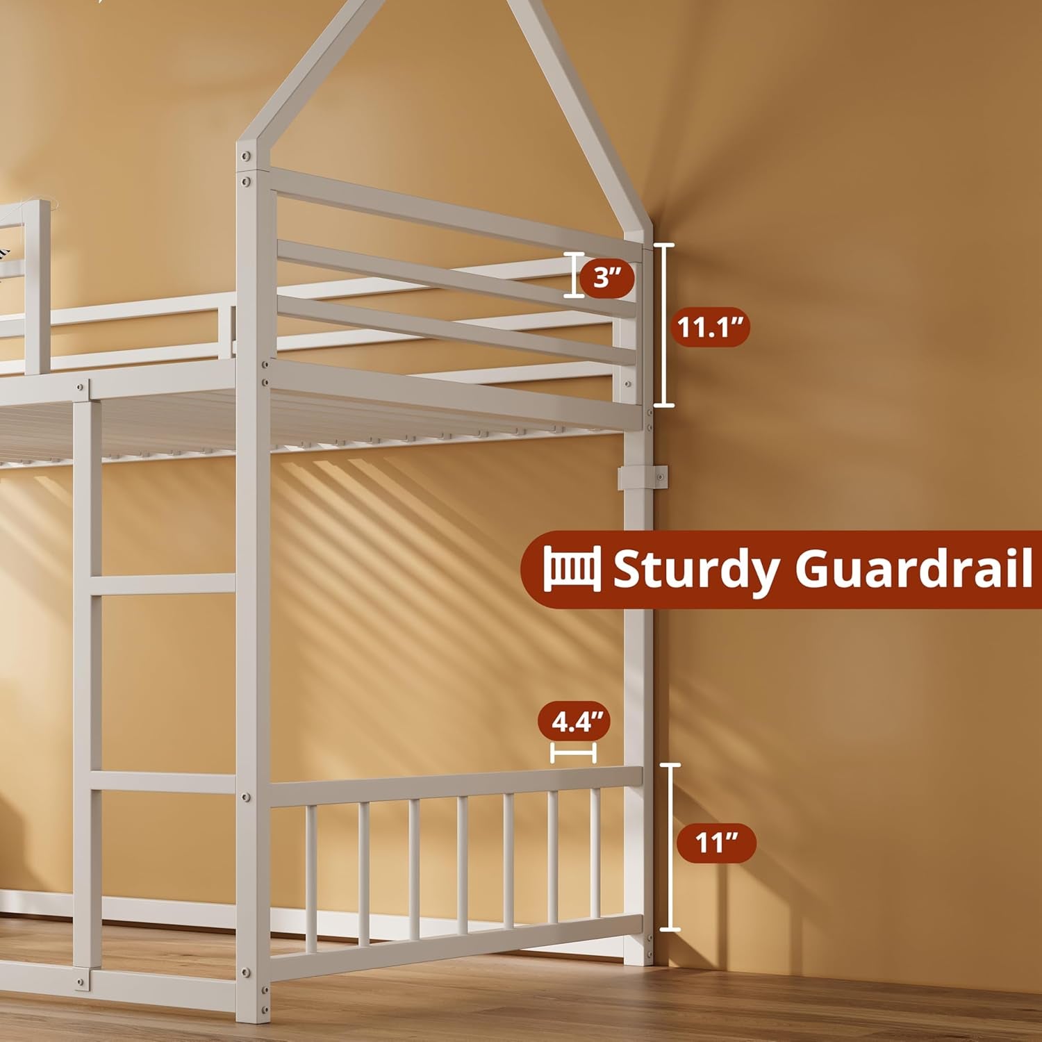 Bunk Bed Twin over Twin, House Bunk Bed Frame with Ladder and Guardrail, House Shaped with Metal Slats for Dormitory and Bedroom, Space Saving, No Box Spring Needed, White