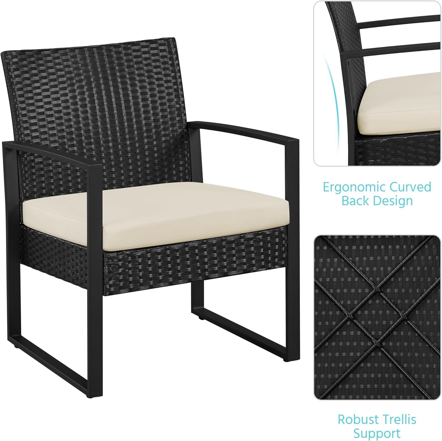 3 Pieces Rattan Bistro Set, Outdoor Wicker Patio Modern Conversation Furniture, 2 Chairs & Tempered Glass Coffee Table for Garden, Balcony, Backyard, Poolside, Black/Beige