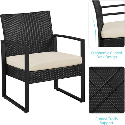 3 Pieces Rattan Bistro Set, Outdoor Wicker Patio Modern Conversation Furniture, 2 Chairs & Tempered Glass Coffee Table for Garden, Balcony, Backyard, Poolside, Black/Beige